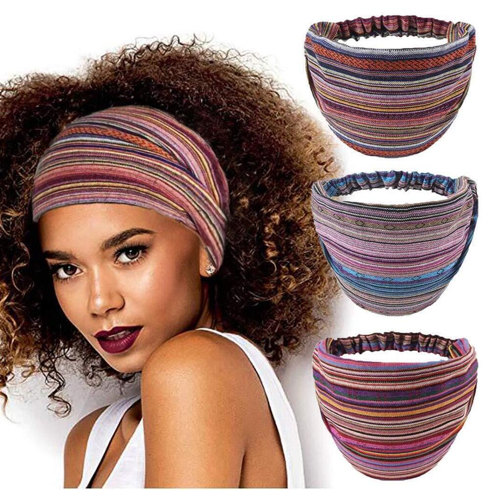 8728 Boho Wide Headbands African Head Wraps Stretchy Hairbands Stripe